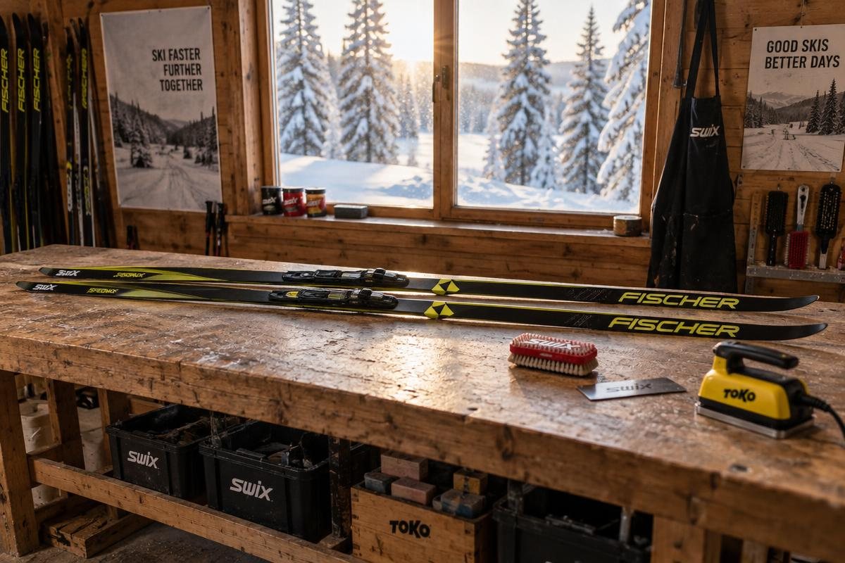 Ett par svartgula Fischer Speedmax tävlingslängdskidor med monterade bindningar ligger på ett vallabord i en vallabod