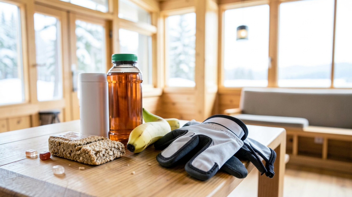 Sportdryck, energibar och skidhandskar på ett bord i en skidstuga